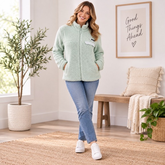 Columbia Jackets & Blazers - Columbia PFG Womens XL Mint Sherpa Fleece Jacket Full Zip Gingham Cozy Outdoor